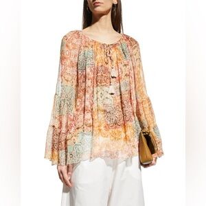 Johnny Was Kanarra Sheer Silk Tunic Blouse Patchwork Floral Boho Multicolor.